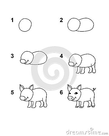 How to draw Pig step by step cartoon illustration with white background Cartoon Illustration