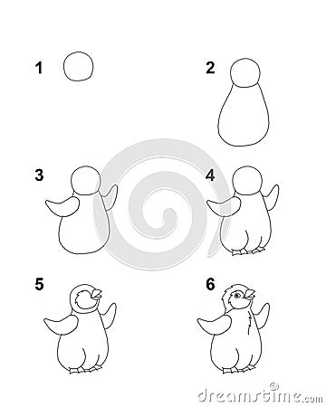 How to draw Pinguin step by step cartoon illustration with white background Cartoon Illustration