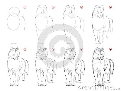 How to draw sketch of imaginary cute husky dog. Creation step by step pencil drawing. Education for artists. Vector Illustration