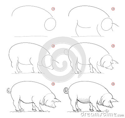 How to draw sketch of imaginary domestic pig. Creation step by step pencil drawing. Education for artists. Vector Illustration