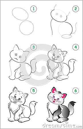 How to draw step by step a cute little kitten. Educational page for kids. Vector Illustration