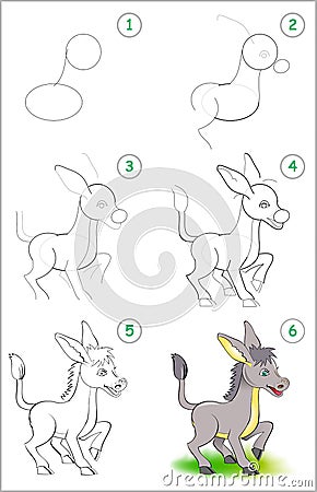 How to draw step by step a cute little donkey. Educational page for kids. Back to school. Vector Illustration