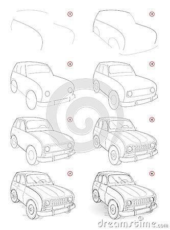 How to draw step by step sketch of imaginary cute little car. Creation pencil drawing. Educational page for artists. Vector Illustration