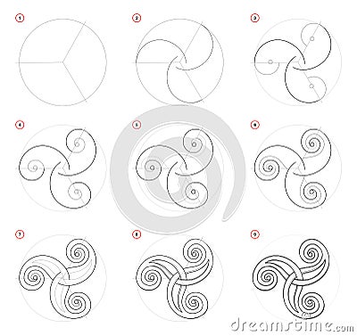 How to draw step-wise Celtic popular symbol Triskel. Creation step by step pencil drawing. Educational page for artists. Vector Illustration