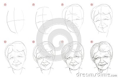 How to draw step-wise imaginary portrait of old smiling women. Creation step by step pencil drawing. Educational page. Vector Illustration