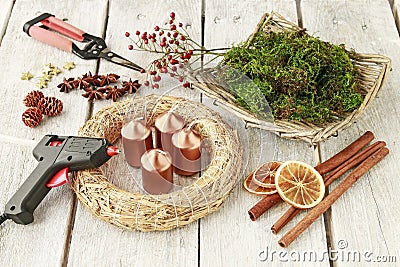 How to make advent table wreath, step by step Stock Photo