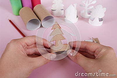 How to make trees, decoration.Daily activities, diy for kids, zero waste, eco toys hand made from paper roll. Easy to Stock Photo