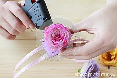 How to make a wrist corsage. Step by step, tutorial Stock Photo