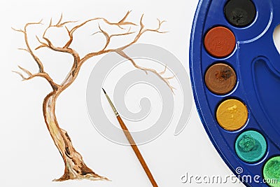 How to paint a tree using watercolours. Step two: add more details to tree trunk Stock Photo