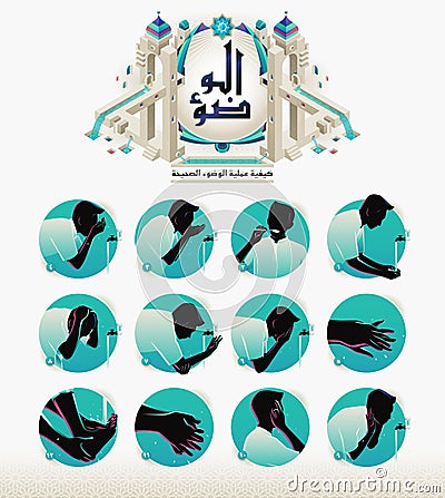 How to Perform Ablution Wudu steps. Arabic version. Steps of wudu ` in arabic order Vector Illustration