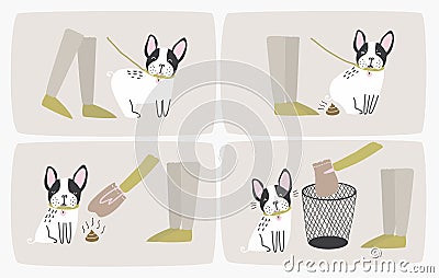 How to pick up dog poop using plastic bag and throw it in trash can, step-by-step manual or instruction. Way of cleaning Vector Illustration