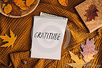 How to Practice Gratitude. Writing Autumn fall gratitude journal. Open paper notebook pages with Text gratitude and fall Stock Photo