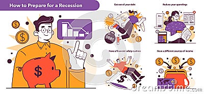 How to prepare for recession set. Effective tips in conditions of economic Vector Illustration