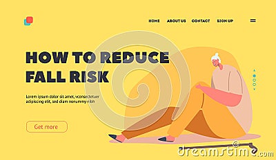 How to Reduce Fall Risk Landing Page Template. Senior Woman Sitting on Floor with Cane, Aged Female Character Fall Down Vector Illustration
