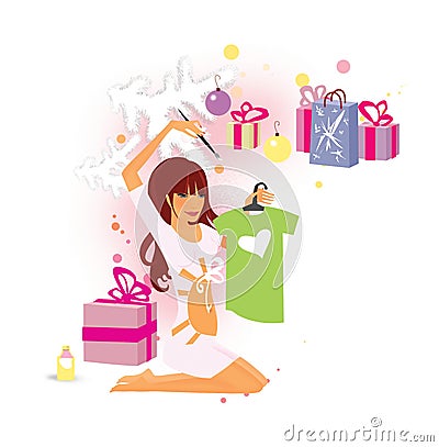 How to report a pregnancy. Christmas gifts under the white tree. Pregnant girl draws on the shirt a white heart Stock Photo