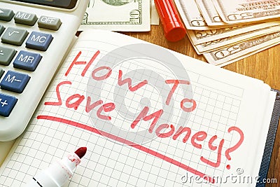 How to save money. Calculator, cash and note Stock Photo