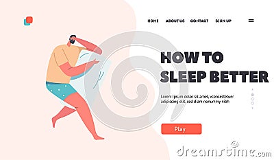 How to Sleep Better Landing Page Template. Male Character Wear Pajama Sleep or Nap at Night . Tired Man Sleeping Pose Vector Illustration