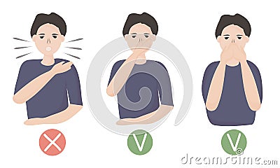 How to sneeze or cough properly, to prevent the spread of viruses. you have to close your mouth with hand. people with a cold and Vector Illustration