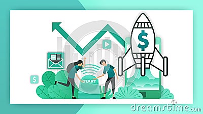 How to start a business. entrepreneurs and investors who push the button to start a business. startup company with rocket launchin Vector Illustration