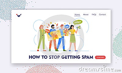 How to Stop Spam Landing Page Template. Annoying Salespeople Characters Insistently Announce Special Offers Vector Illustration