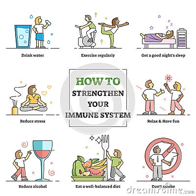 How to strengthen immune system and health advices collection outline concept Vector Illustration