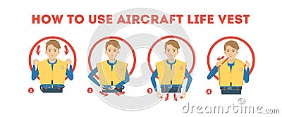 How to use airplane life jacket instruction. Demonstration Vector Illustration