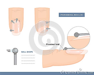 How to use a Ball Shape Milling Cutter. Working with the Area around the Nail. Tips and Tricks. Professional Manicure Tutorial Vector Illustration