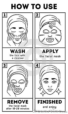 How to use facial sheet mask. Vector beauty and care instruction Vector Illustration