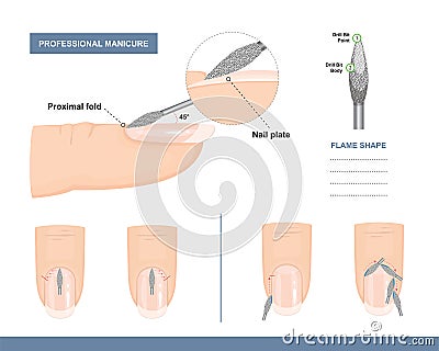 How to use a Flame Shaped Milling Cutter. Tips and Tricks. Professional Manicure Tutorial. Vector Vector Illustration