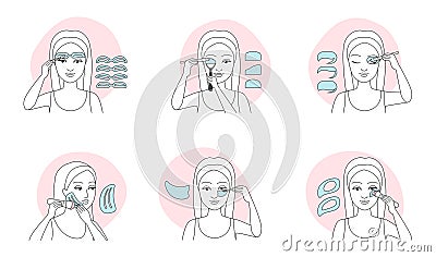 How to use makeup stencil, tutorial and infographic set, female model with templates Vector Illustration