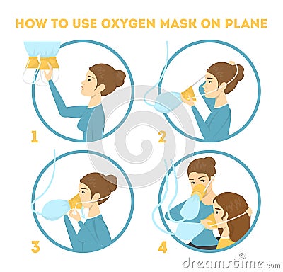 How to use oxygen mask on the plane in emergency case Vector Illustration