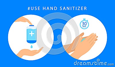 How to use sanitizer hand. Step instructions antiseptic hand. Antibacterial. Vector flat style Vector Illustration