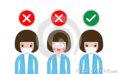 How to wear the correct face masks and the wrong, three women showing how to wearing protective mask correctly new normal lifestye Vector Illustration