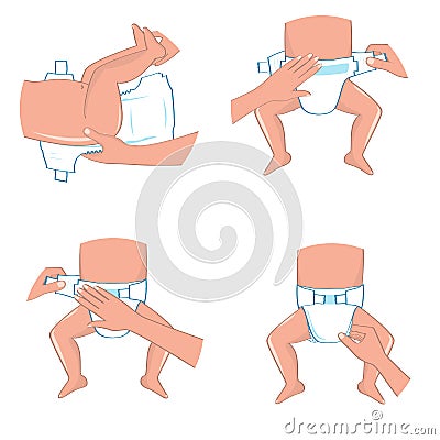 How to wear a diaper steps. Simple manual in illustrations. Cartoon Illustration