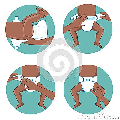 How to wear a diaper steps. Simple manual in illustrations. Vector Illustration