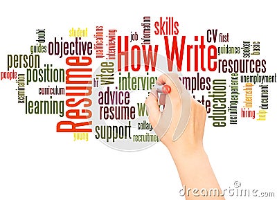 How write resume word cloud hand writing concept Stock Photo