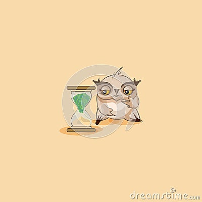 Howlet sticker emoticon sits at hourglass Vector Illustration