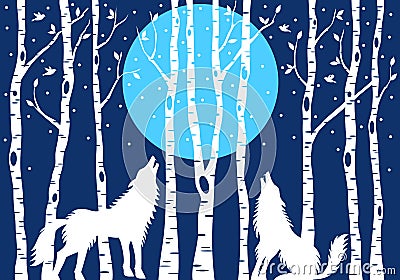 Howling wolf with birch trees, vector Vector Illustration