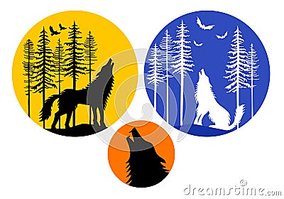 Howling wolf with moon, vector set Vector Illustration