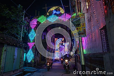 Decorated and illuminated street during Durga puja festival night Editorial Stock Photo