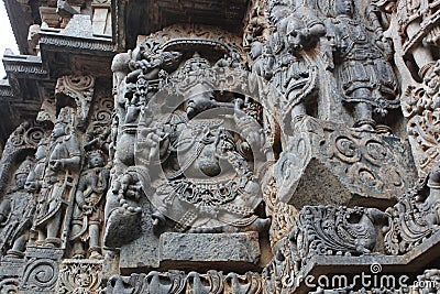 Hoysaleswara Temple Wall carving of lord Ganesha the elephant god Stock Photo
