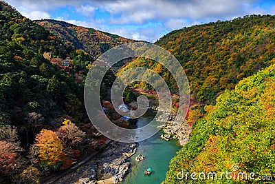 Hozu River in autumn view from Arashiyama view point, Kyoto, Stock Photo