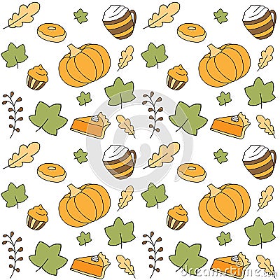 Autumn pattern with pumpkin desserts. Vector Illustration