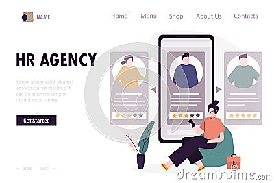 HR agency, landing page template. Woman manager search workers. Technology of staff hiring through phone app. Various Vector Illustration