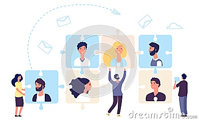 HR concept. Teamwork, business team making. Recruiting vector illustration with tiny flat people characters and puzzle Vector Illustration