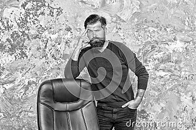 HR department. Empty chair. Bearded boss stand in office. Job offer. Office worker. Need change of scenery. Vacant Stock Photo