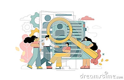 HR and headhunter service. Man and woman office workers standing in front of list of job applicants Vector Illustration