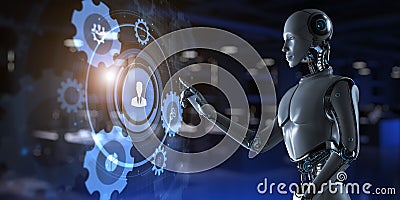 HR Human resources automation RPA. Robot pressing button on screen 3d render Stock Photo