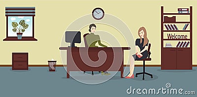 HR interview, talking with a job applicant. Female recruiter holds a corporate meeting with young woman as a candidate to be hired Vector Illustration