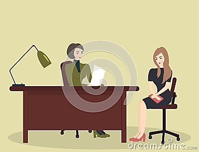 HR interview, talking with a job applicant. Female recruiter holds a corporate meeting with young woman as a candidate to be hired Vector Illustration